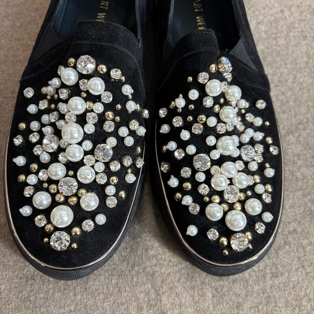 STUART WEITZMAN Sz 8 Pearl and Rhinestone Embellished Slip On Black Loafers - Picture 3 of 14